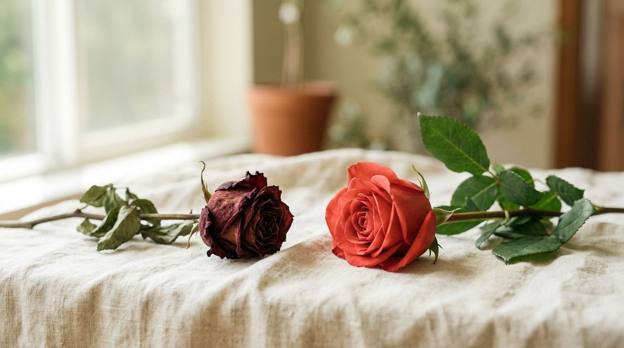 Rosa murcha e rosa fresca lado a lado, contraste entre sofrimento e cuidado