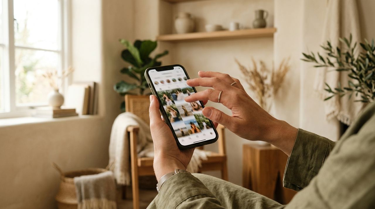 Mão sobre feed infinito no celular, metáfora de ansiedade e redes
