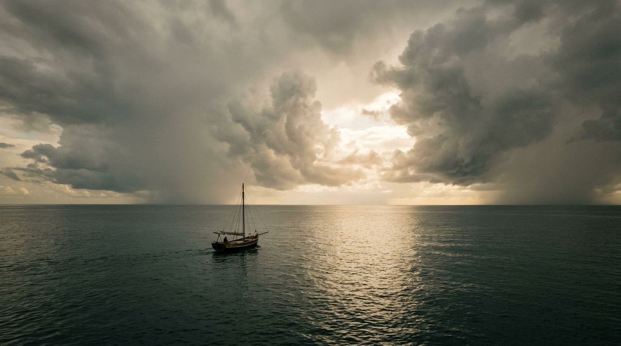 Mar calmo sob nuvens de tempestade, metáfora de ansiedade