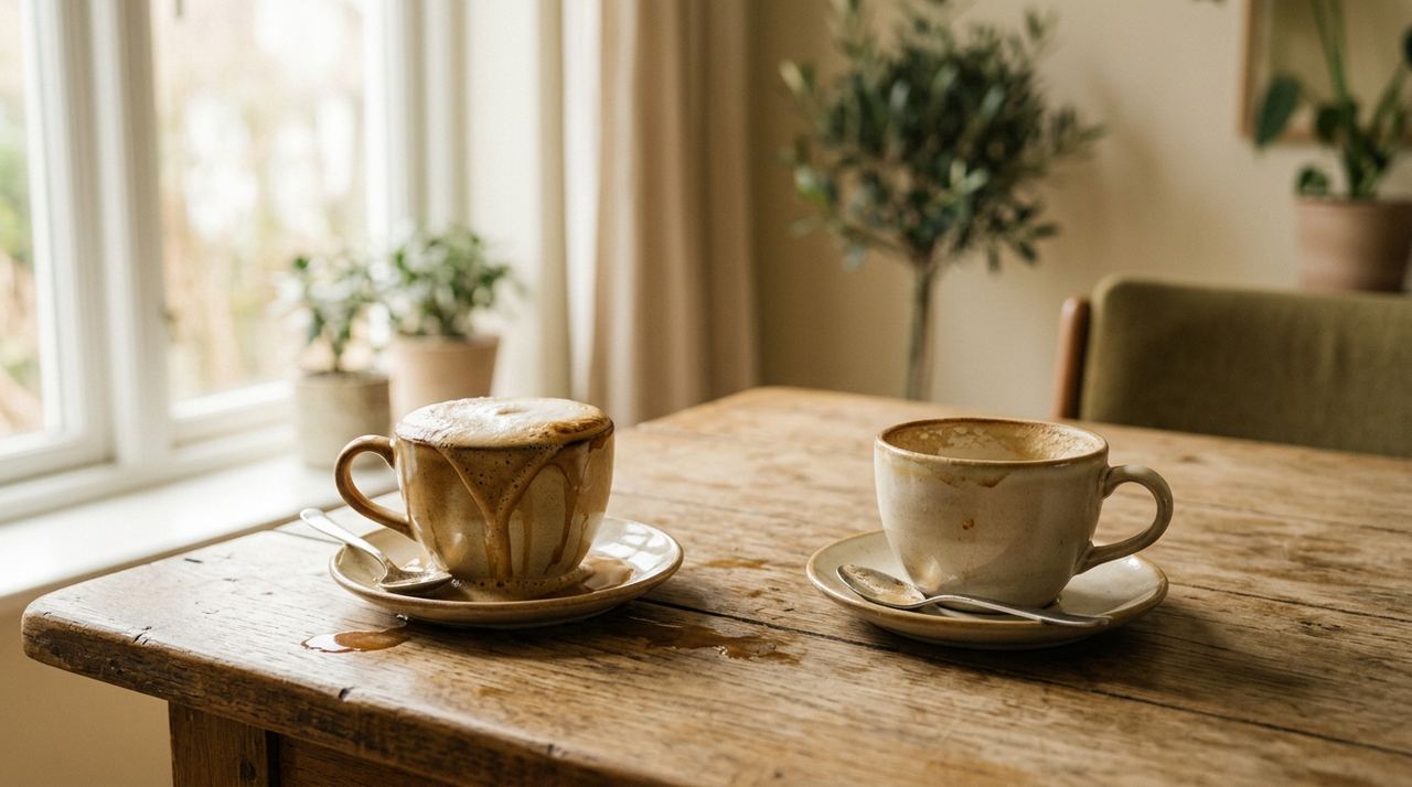 Xícaras de café sobre mesa de madeira, metáfora de intensidade e desequilíbrio