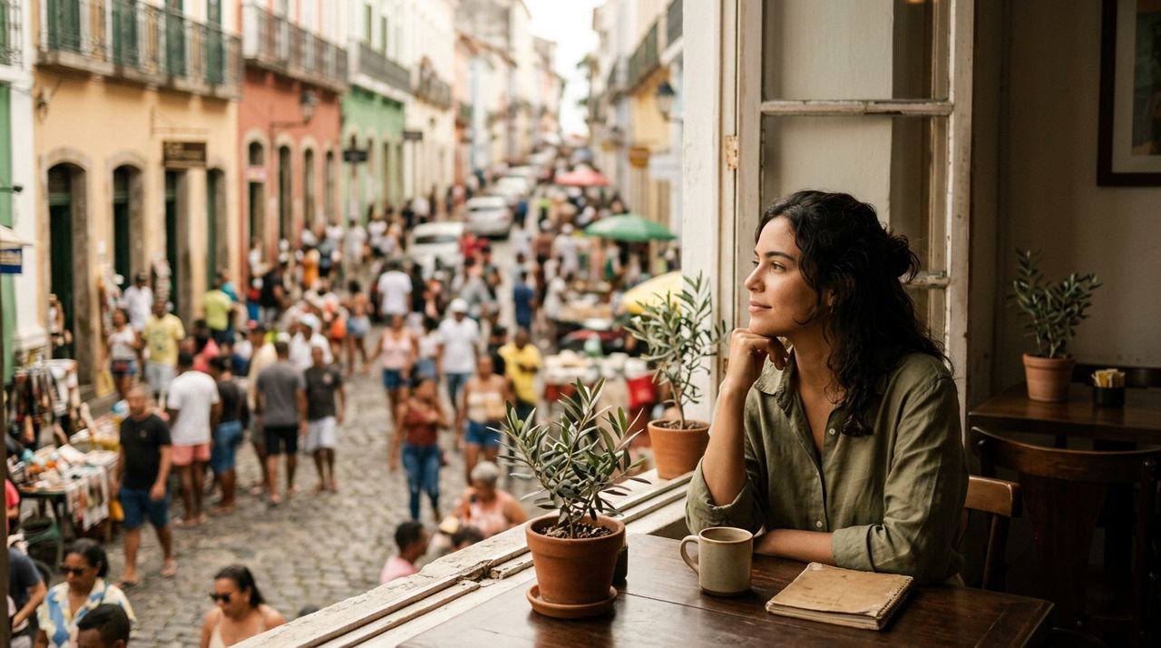 Figura calma em rua brasileira movimentada, metáfora de ansiedade coletiva