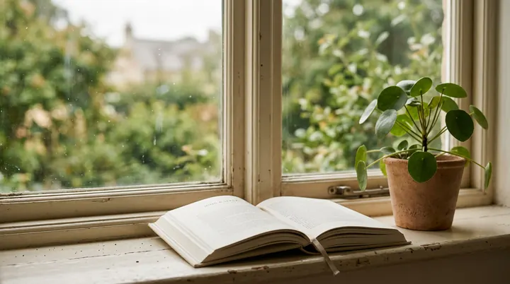 Livro aberto na janela com planta, metáfora de independência emocional