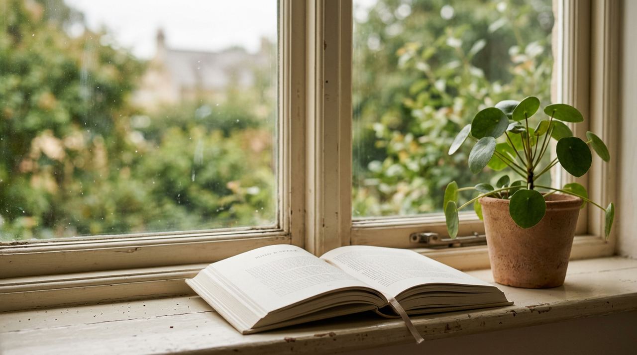 Livro aberto na janela com planta, metáfora de independência emocional