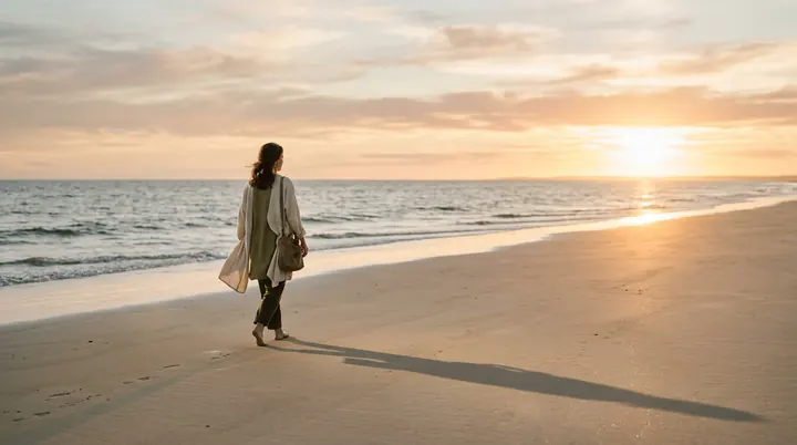 Pessoa sozinha na praia ao entardecer, metáfora de solidão e encontro