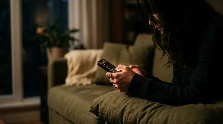 Celular iluminando mãos no escuro, metáfora de checagem compulsiva