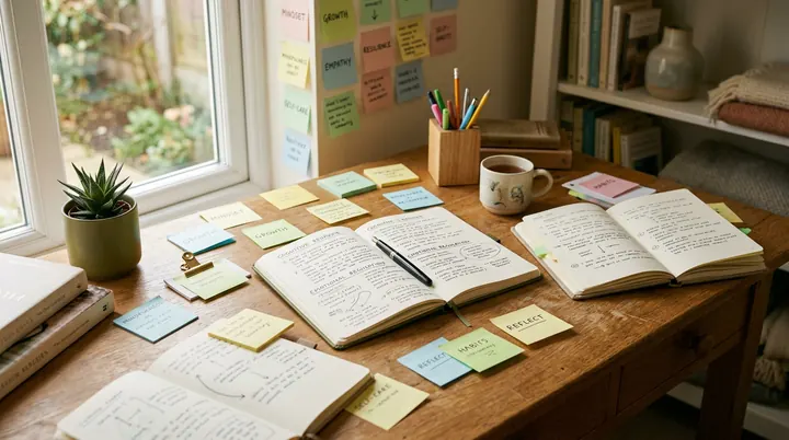 Mesa com post-its e cadernos, metáfora de TDAH em adultos