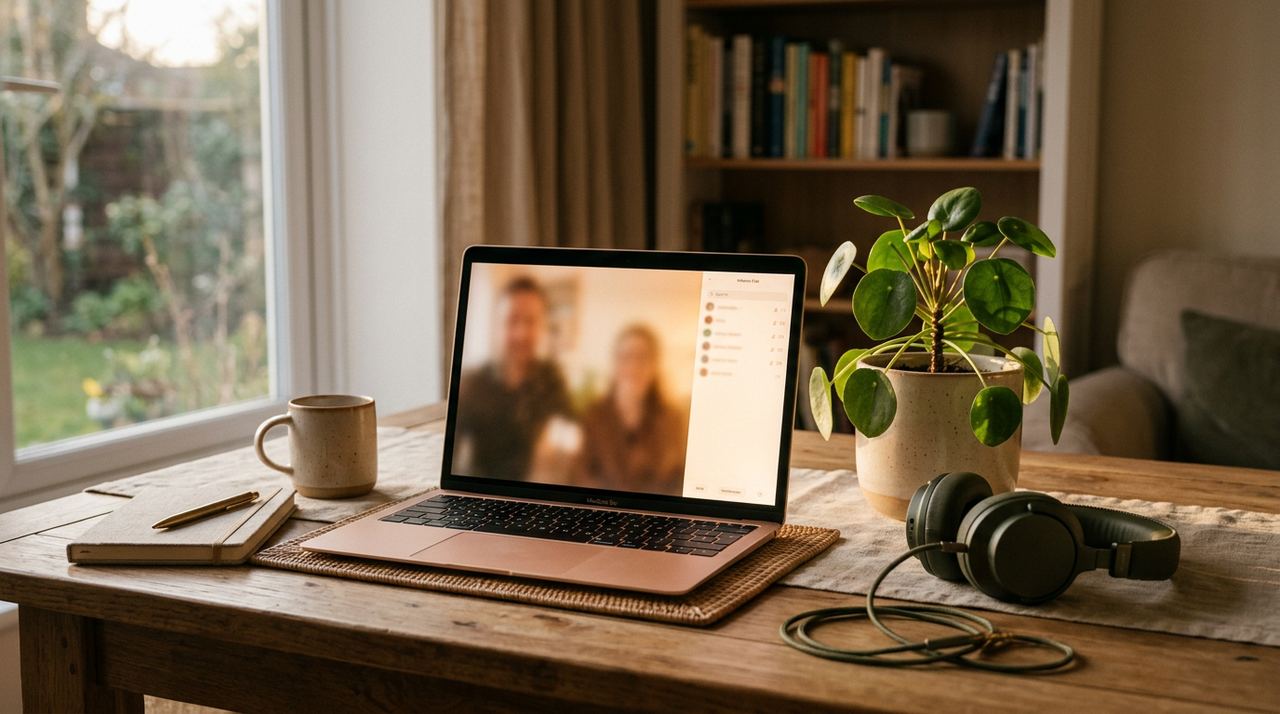 Notebook em mesa aconchegante, metáfora de terapia online