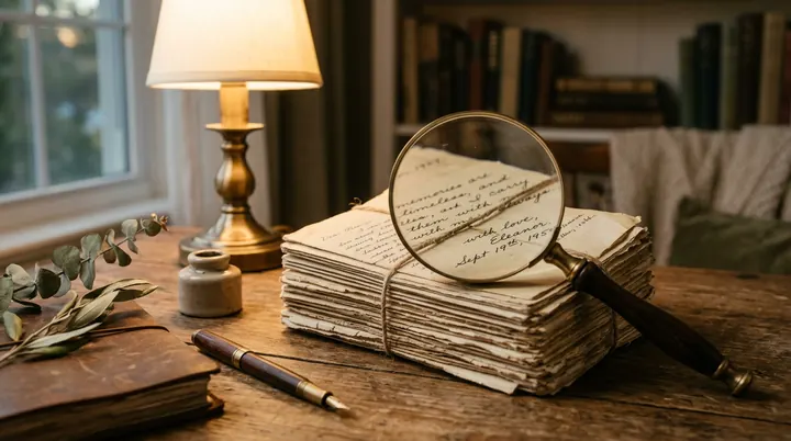 Lupa sobre cartas manuscritas, metáfora de investigação no relacionamento